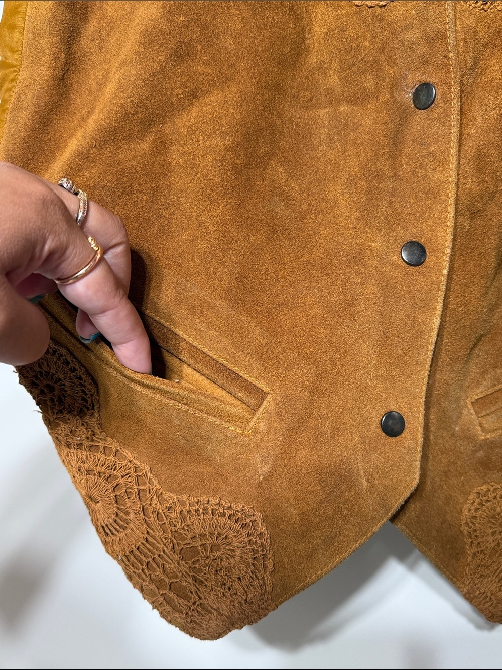 Anchor Blue Vintage Suede Leather Vest featuring lace embroidery details - Picture 10 of 15